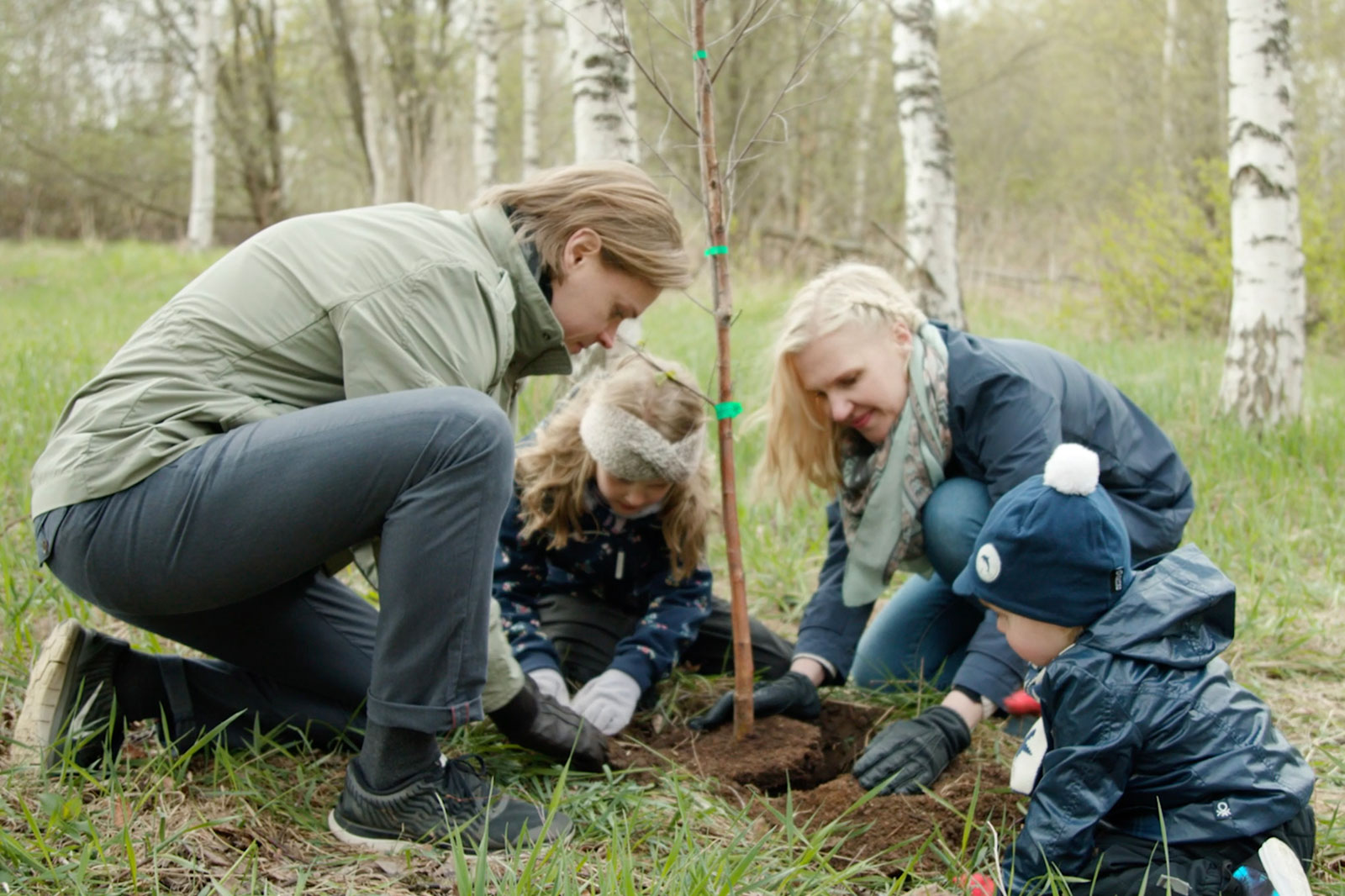 Zwei Erwachsene und zwei Kinder pflanzen einen Baum.