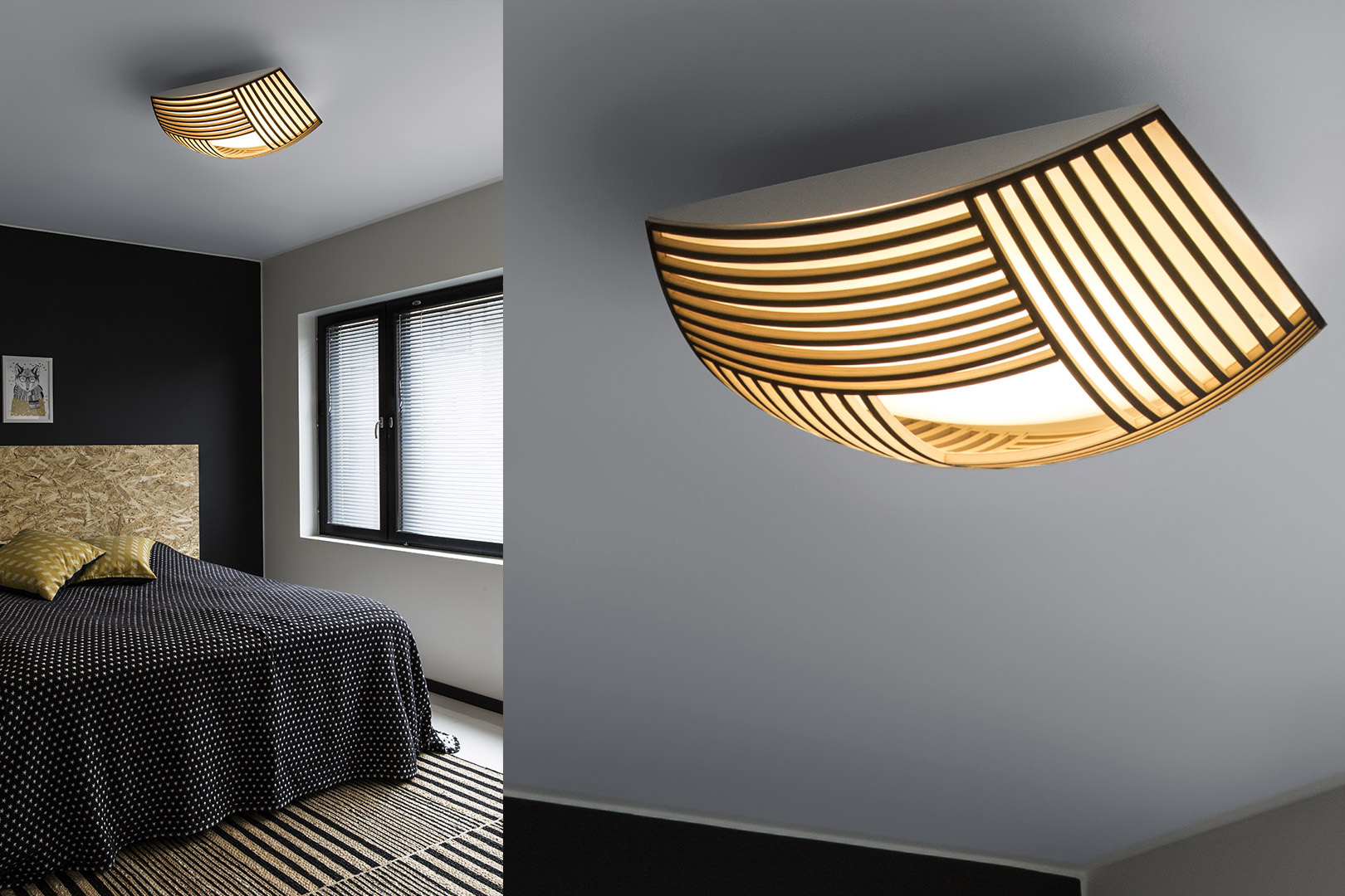 A bedroom with the black laminated Kuulto ceiling lamp on the left and a close-up of the Kuulto on the right.