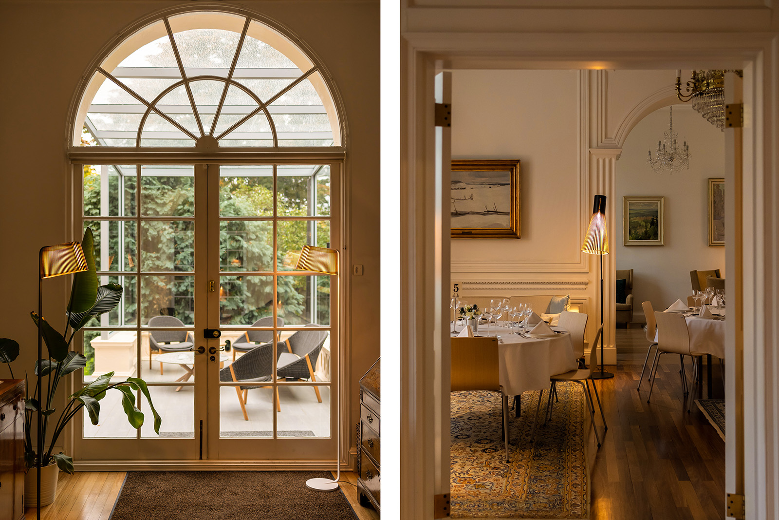 Two floor lamps beside a garden door. Dining room view through an open door.