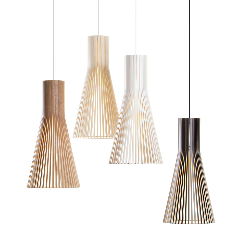 Secto 4200 pendant lamp is available in four colours: birch, walnut, black and white.
