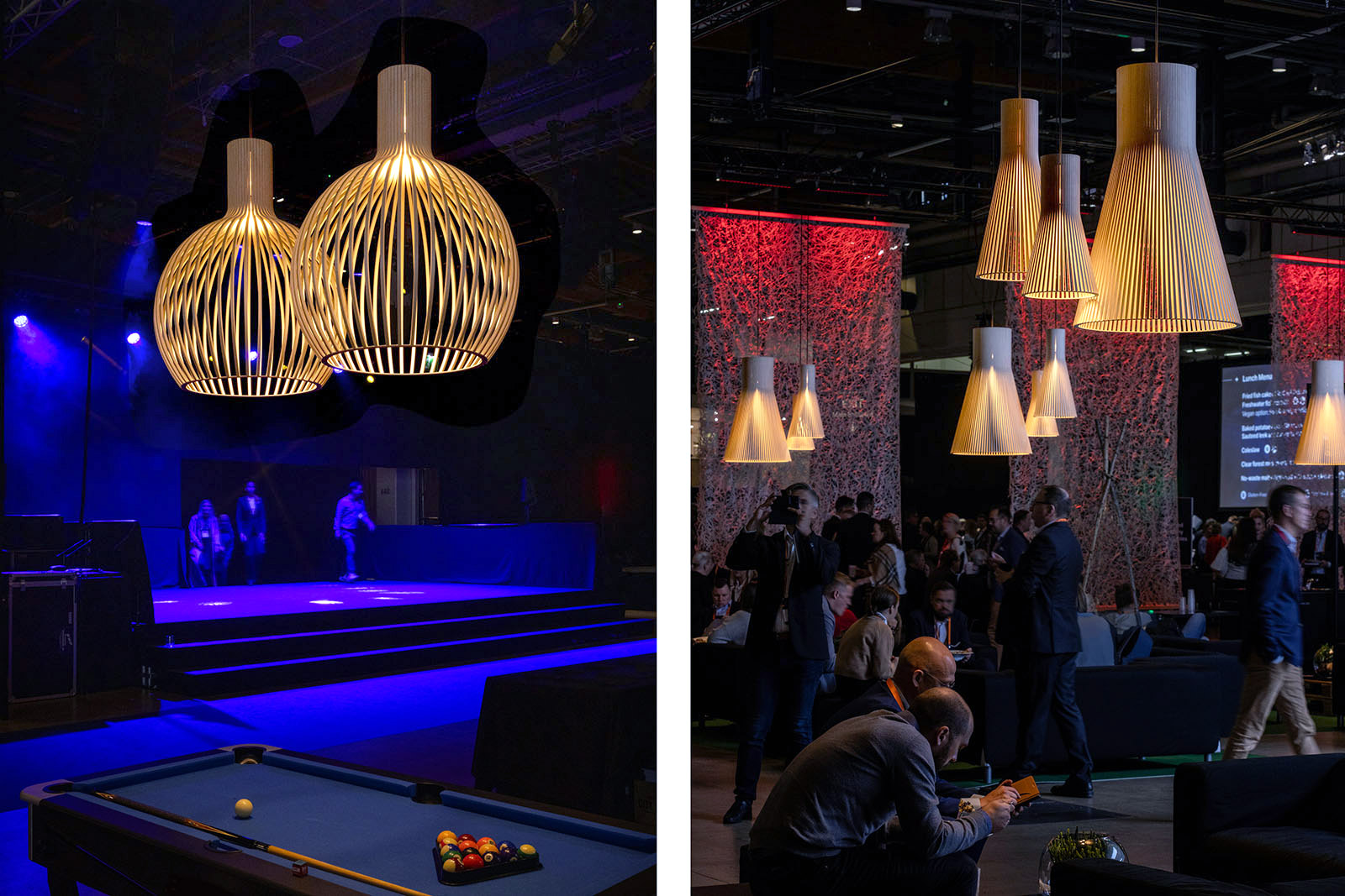 Two pendants at the entry. Pendants lamps above seating areas where people gather.