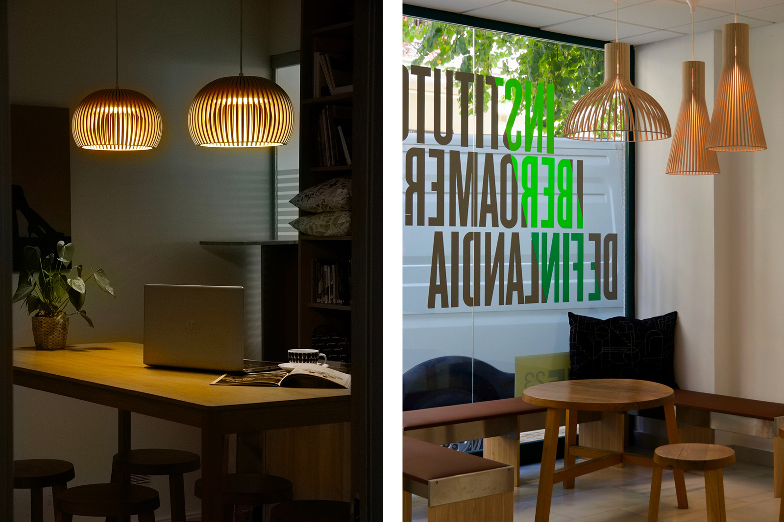 Two pendants above a meeting table. A pendant group above a seating area.