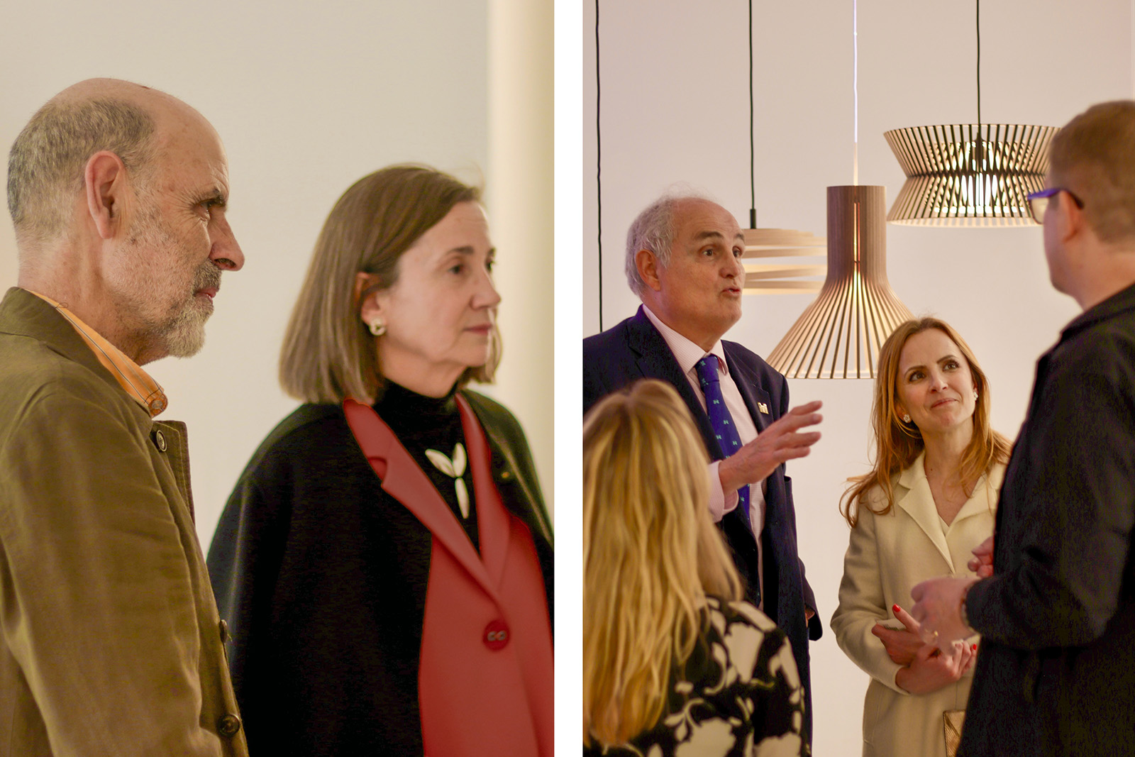 A profile of a man and a woman against a white wall. A man and a woman talking with other people.