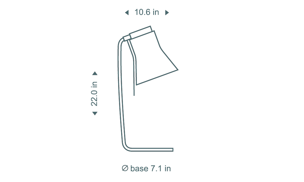 Secto Design Petite 4620 table lamp is 22 in high, 11 in deep, and its base diameter is 7.1 in.
