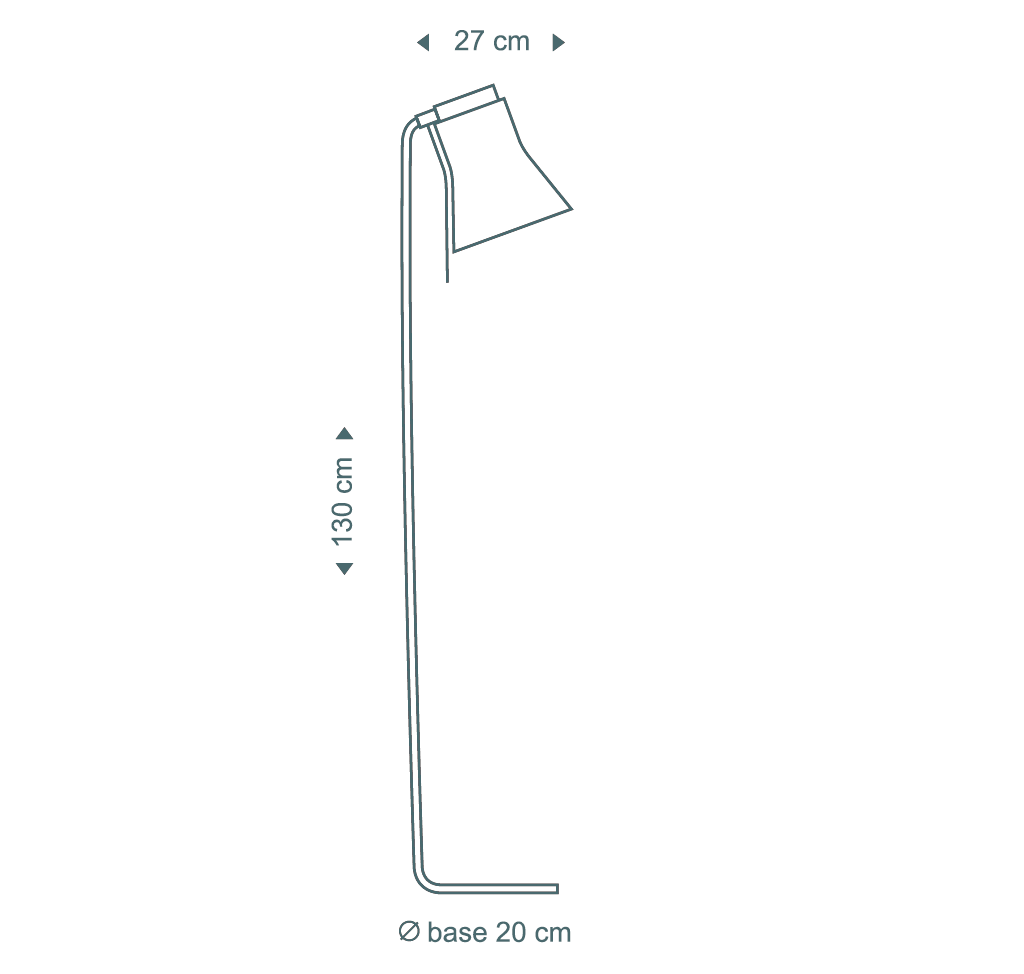 Secto Design Petite 4610 floor lamp is 130 cm high, 28 cm deep, and its base diameter is 20 cm.