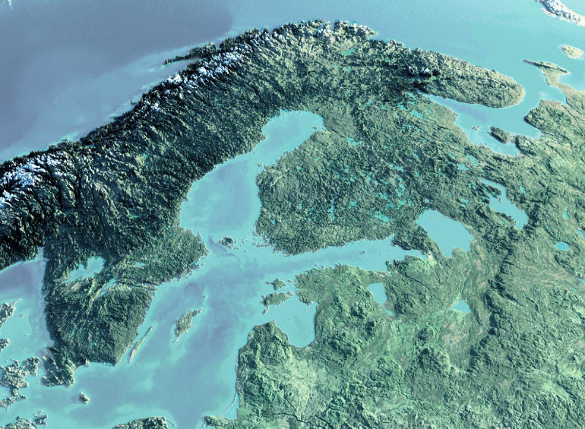 Une image satellite de la Finlande. La Suède, l'Estonie et certaines parties de la Norvège et de la Russie sont également visibles.