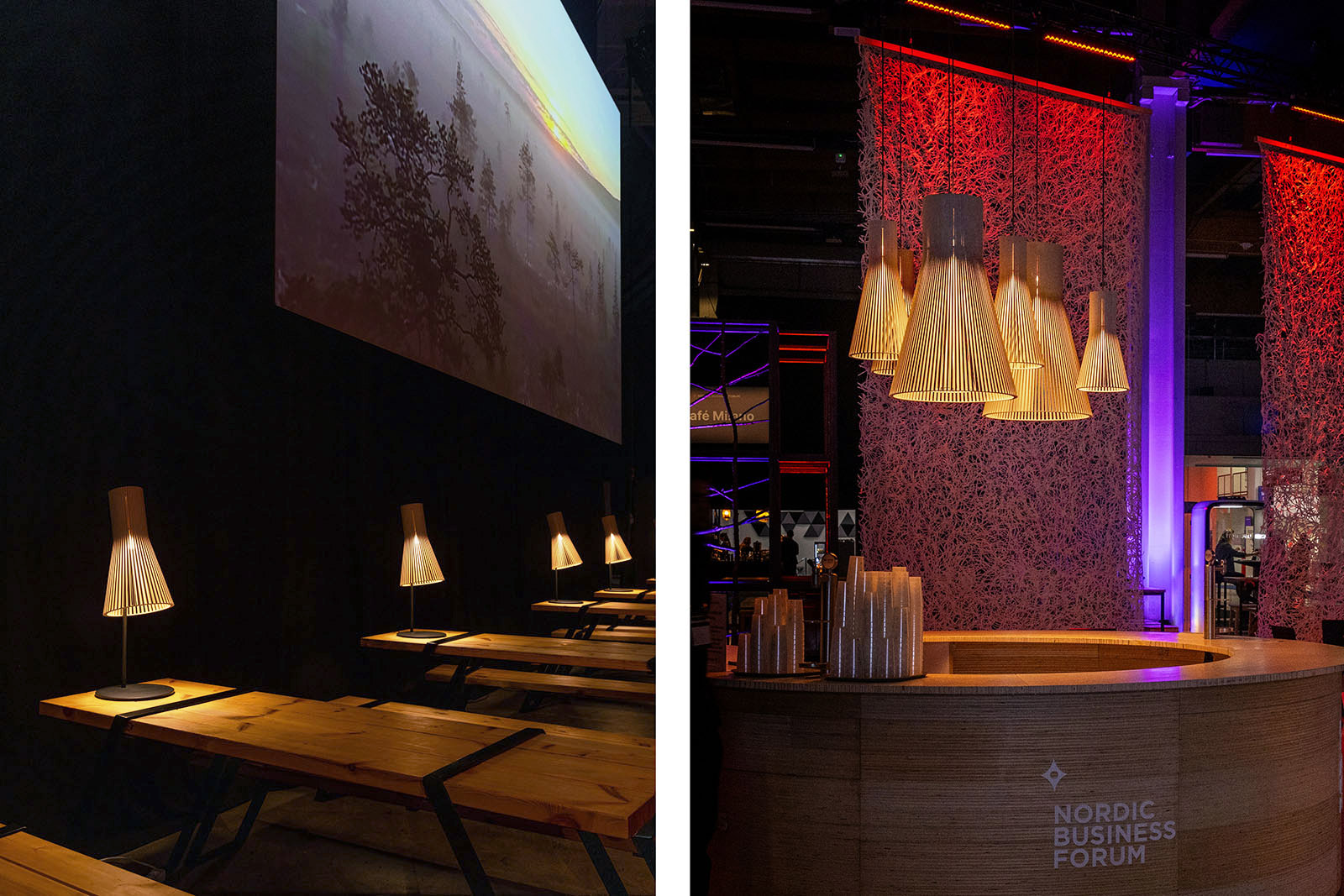 Lampes de table sur tables en bois. Un groupe de lampes au-dessus d'un bar.
