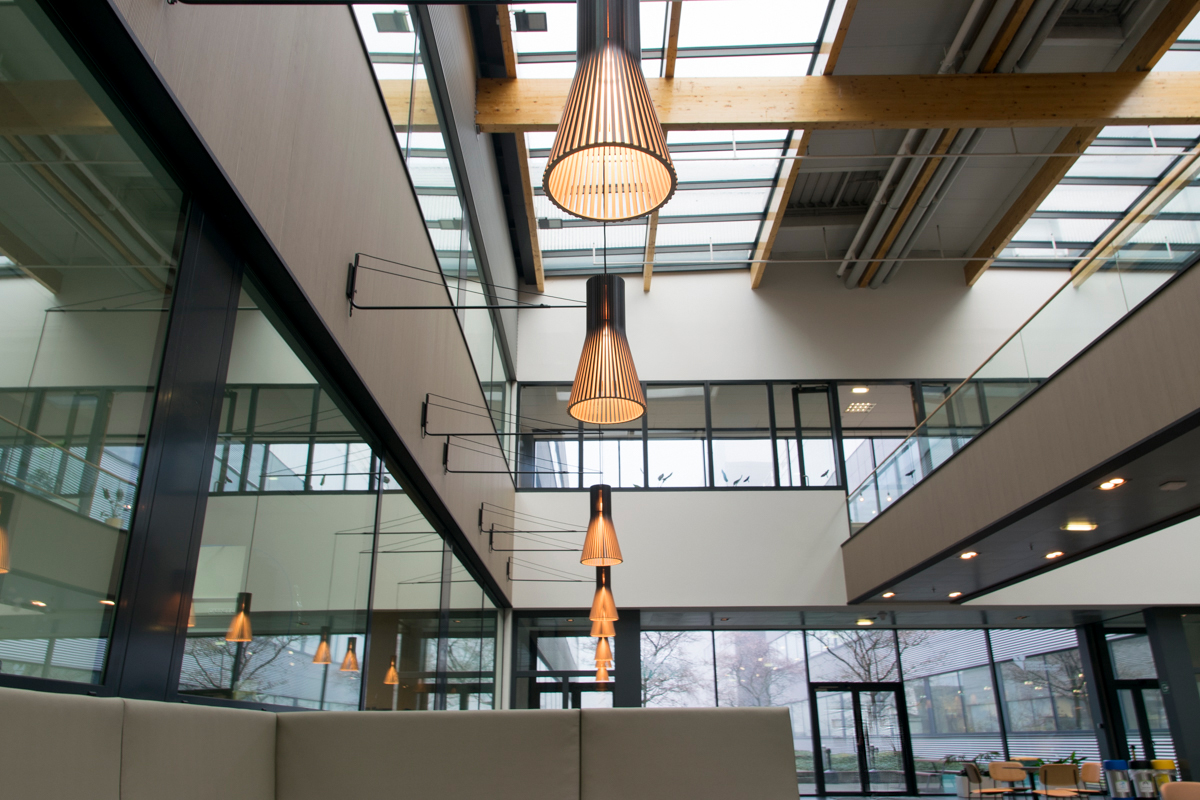 Des lampes à bras de suspension au-dessus d'un salon en estrade.