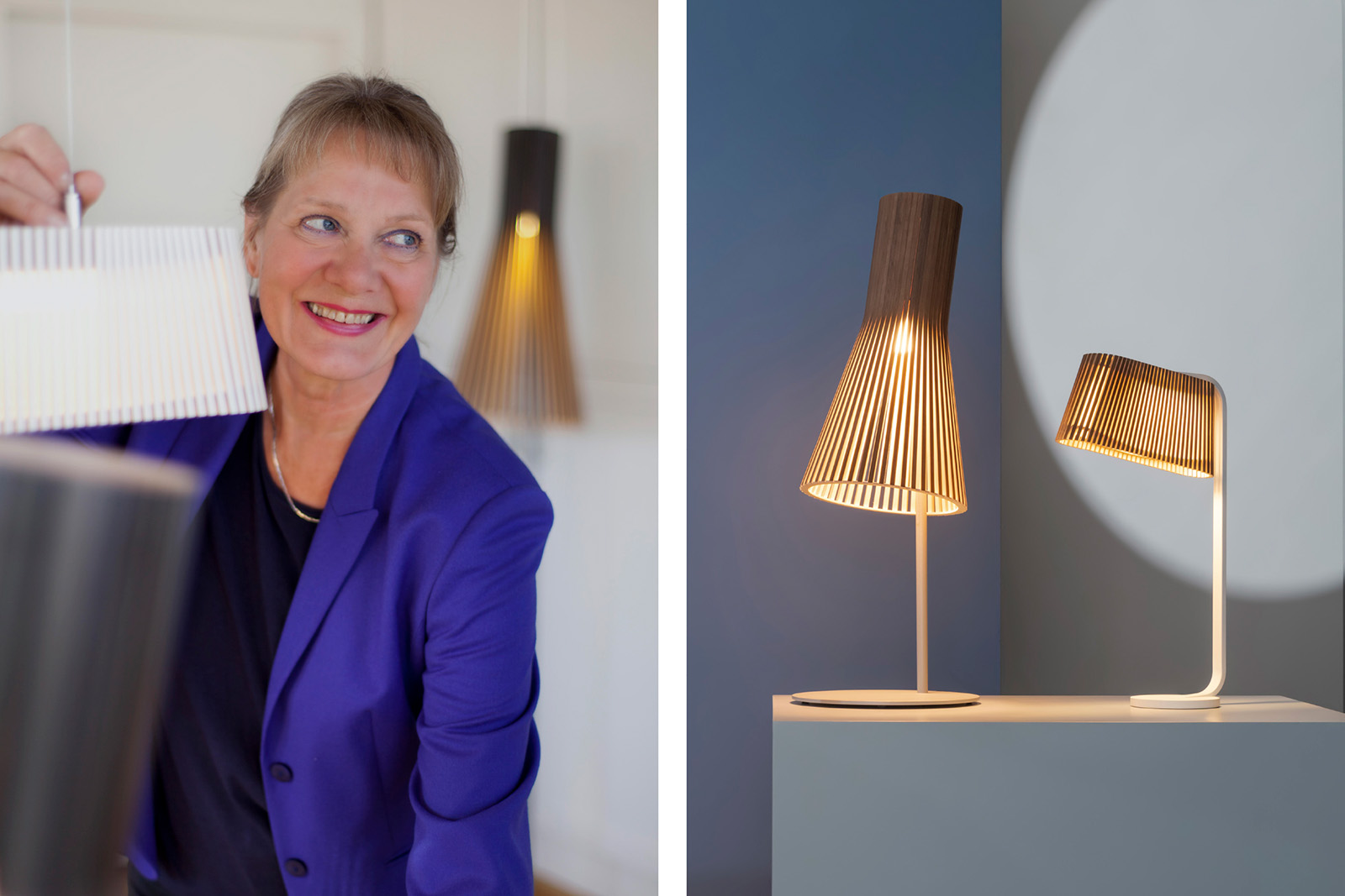 Une femme avec une lampe. Lampes de table à droite.