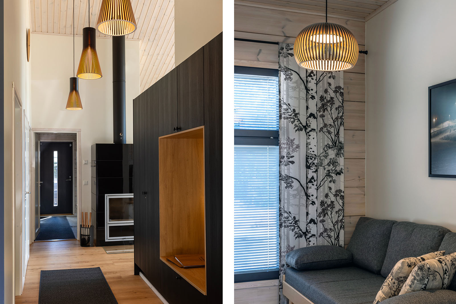 A hallway with three pendant lamps. A pendant above a sofa.