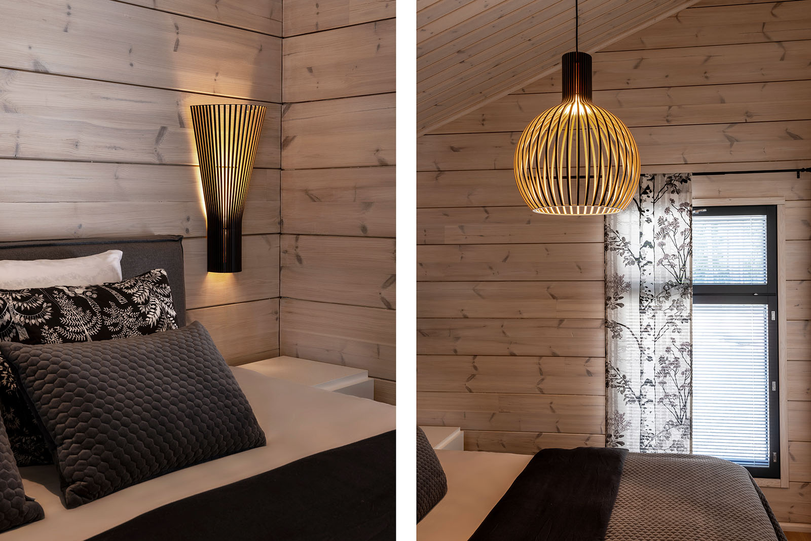 A wall lamp by a bed. A pendant lamp above a bed.