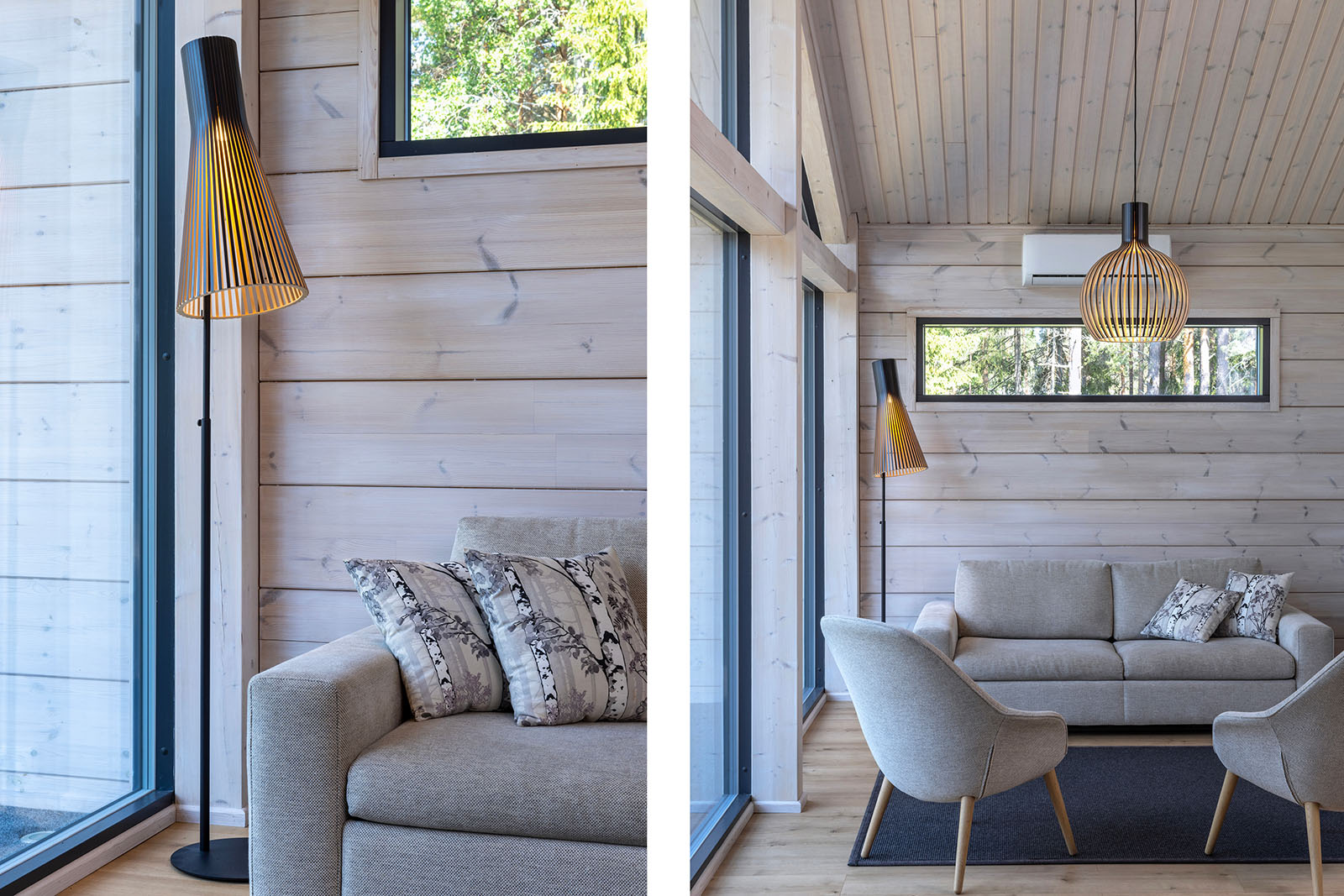 A close-up of a floor lamp by a sofa. A living room nook.