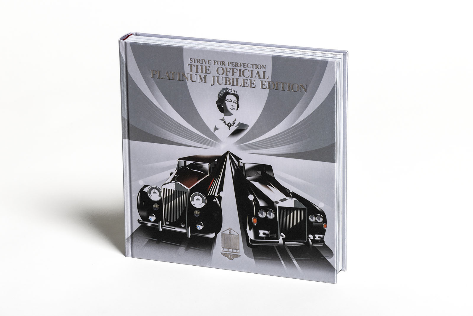 A book cover featuring two drawn cars and Queen Elizabeth II.