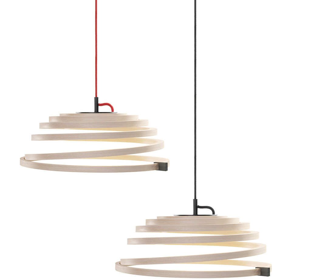 Secto Design Aspiro 8000 pendant lamp is available in natural birch with red or black textile cable.