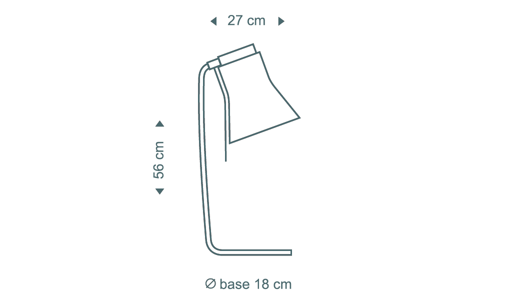 Secto Design Petite 4620 table lamp is 56 cm high, 27 cm deep, and its base diameter is 18 cm.